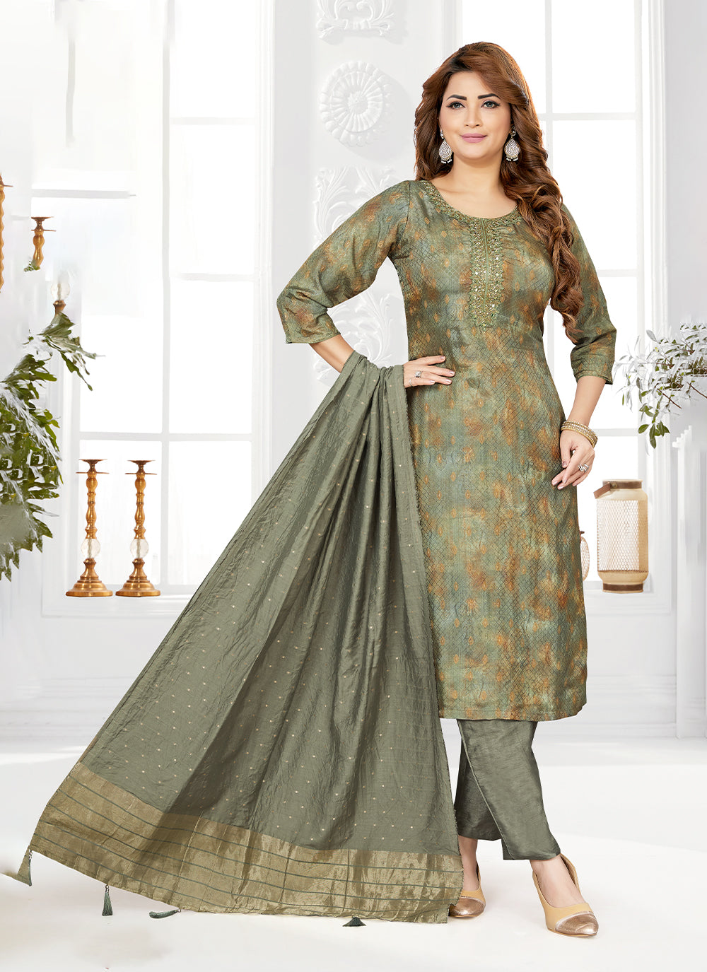 Green Mehndi Silk Salwar Suit