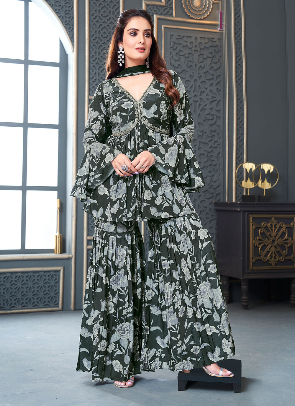 Embroidered Work Crepe Silk Salwar Suit In Green For Ceremonial