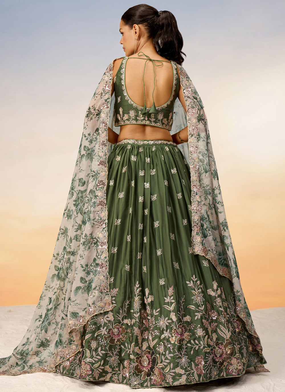 Green Chiffon Lehenga Choli With Embroidered And Sequins Work For Mehndi