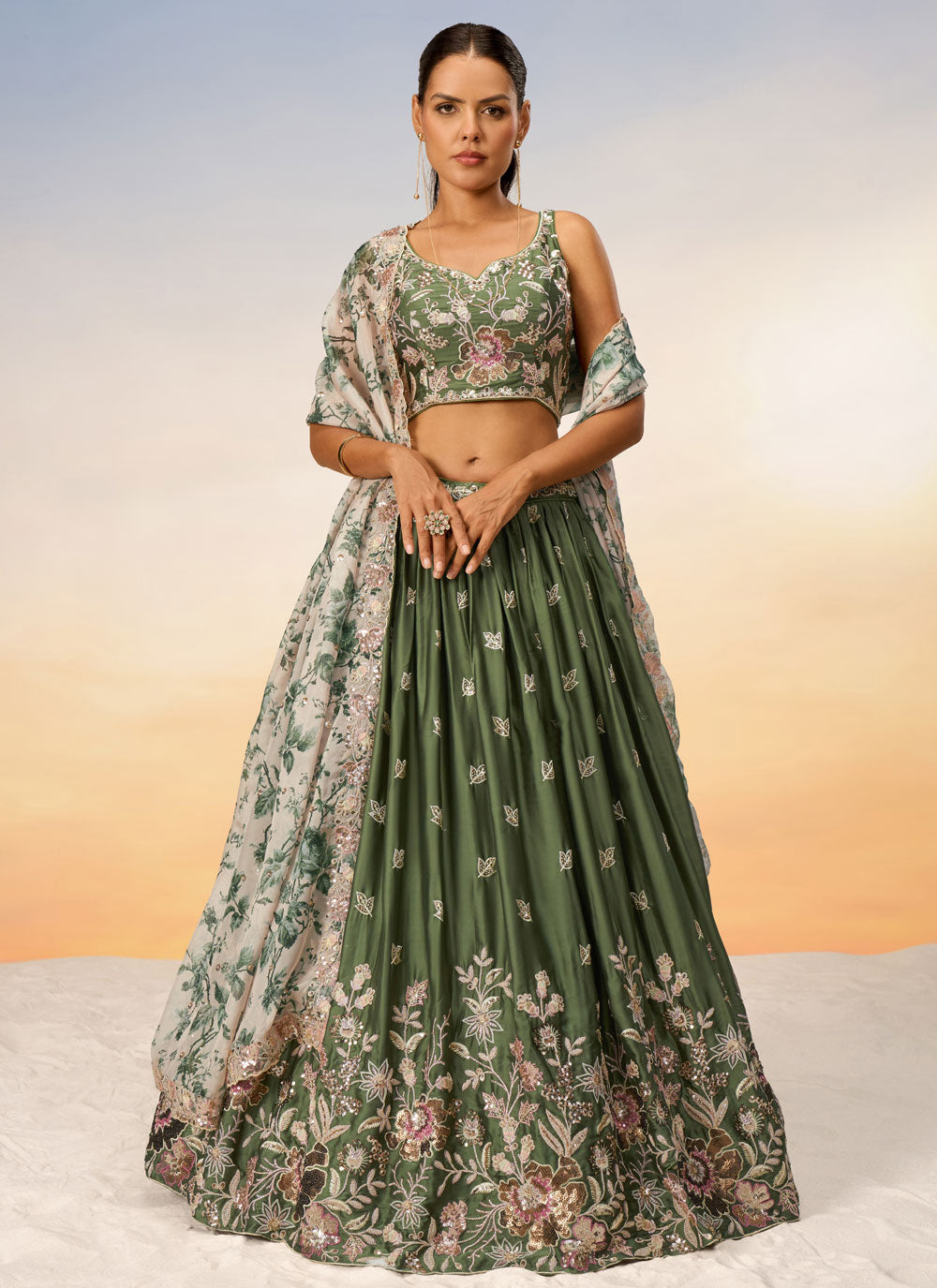 Green Chiffon Lehenga Choli With Embroidered And Sequins Work For Mehndi