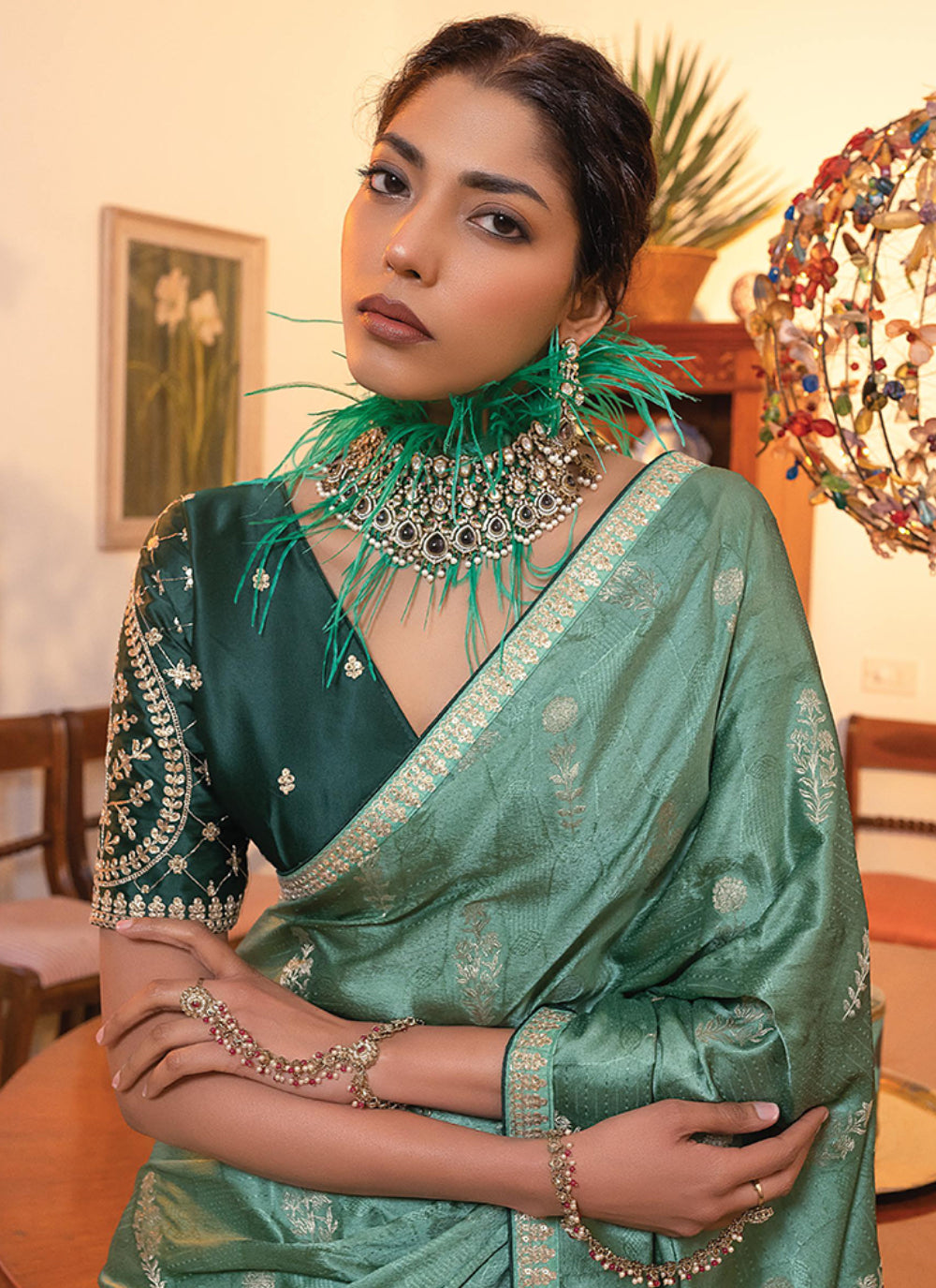 Embroidered Work Satin Classic Saree In Green For Party