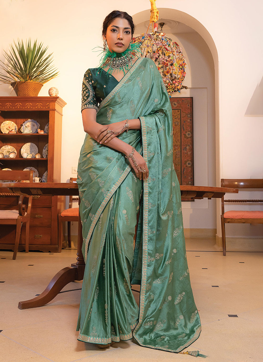 Embroidered Work Satin Classic Saree In Green For Party