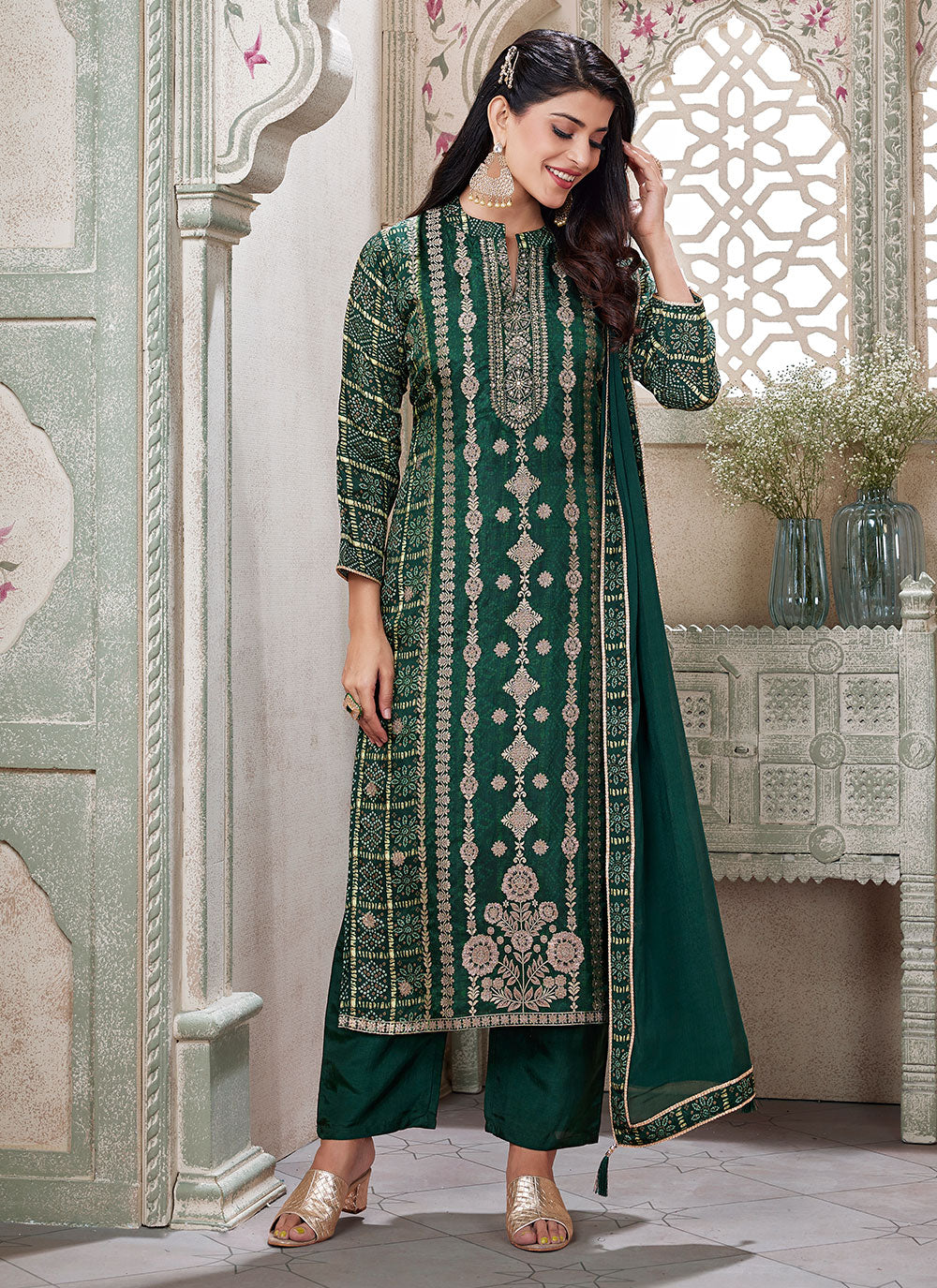 Green Embroidered Work Silk Trendy Suit