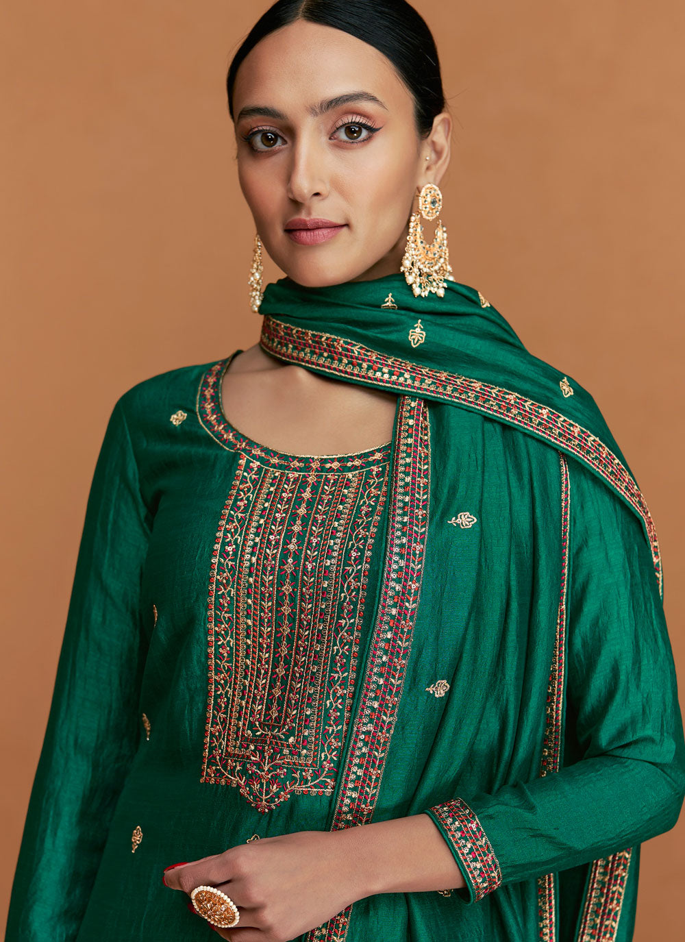 Green Silk Salwar Suit With Embroidered Work For Women