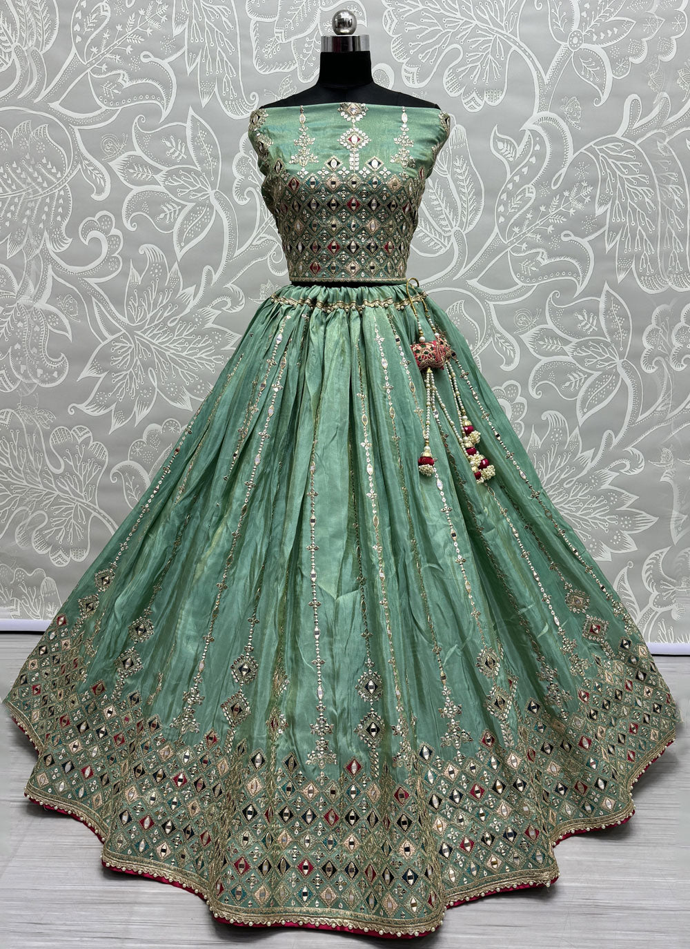 Green Silk Dori, Mirror, Thread And Zari Work Lehenga Choli For Engagement