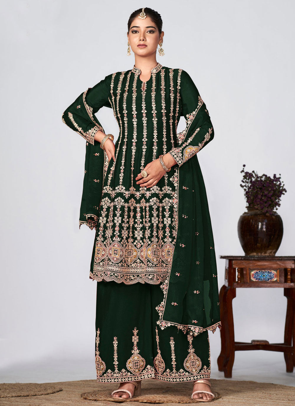 Green Chinon Readymade Salwar Suit With Embroidered Work
