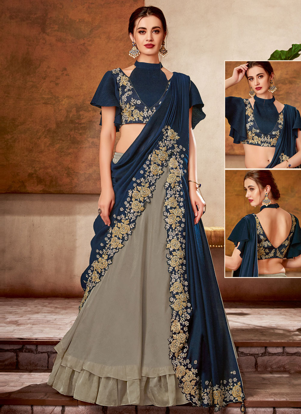 Grey And Blue Georgette Trendy Saree With Embroidered