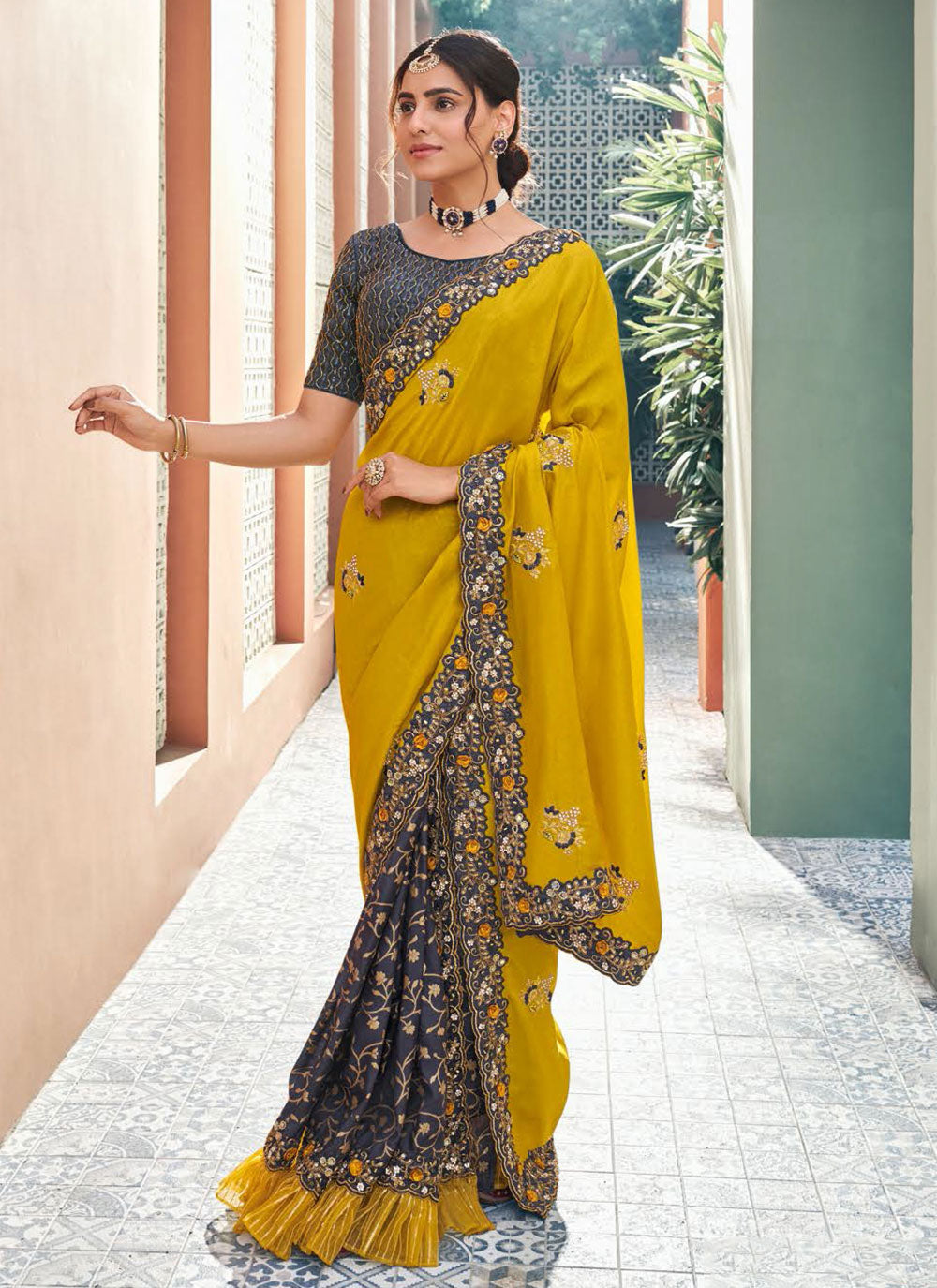 Embroidered Silk Classic Sari In Grey And Yellow