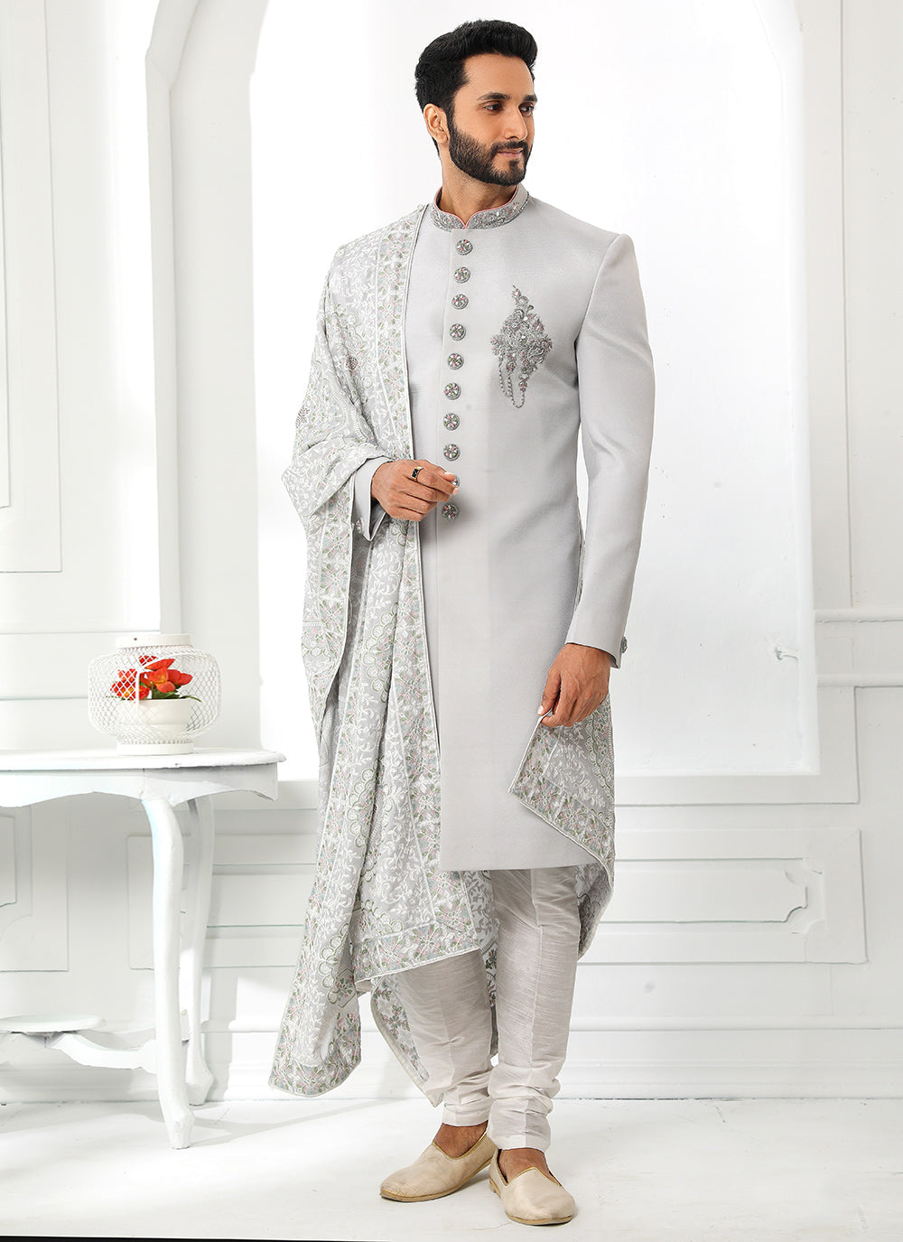 Grey Art Silk Fancy Sherwani