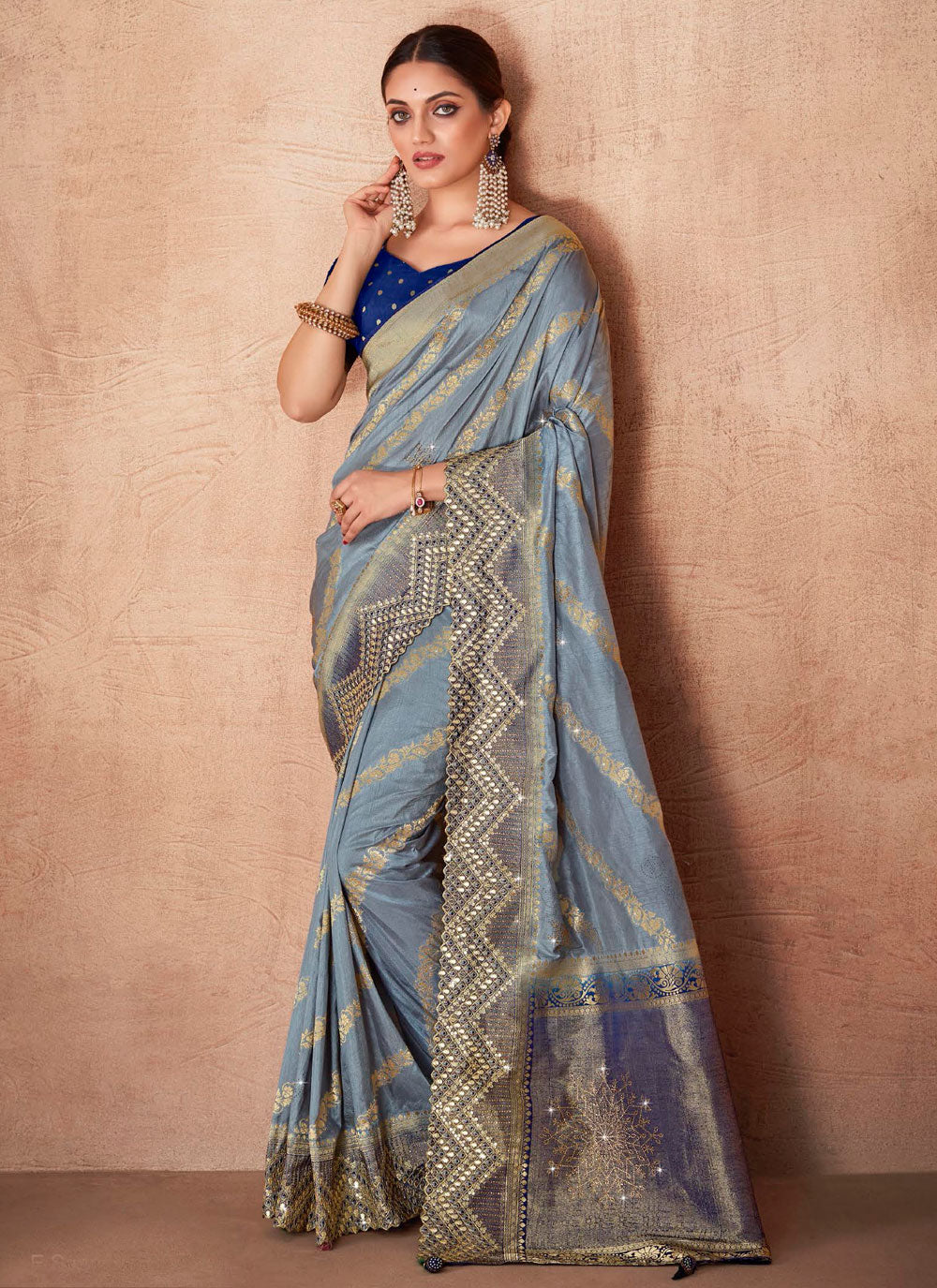 Patch Border And Embroidered Work Silk Silk Saree In Grey