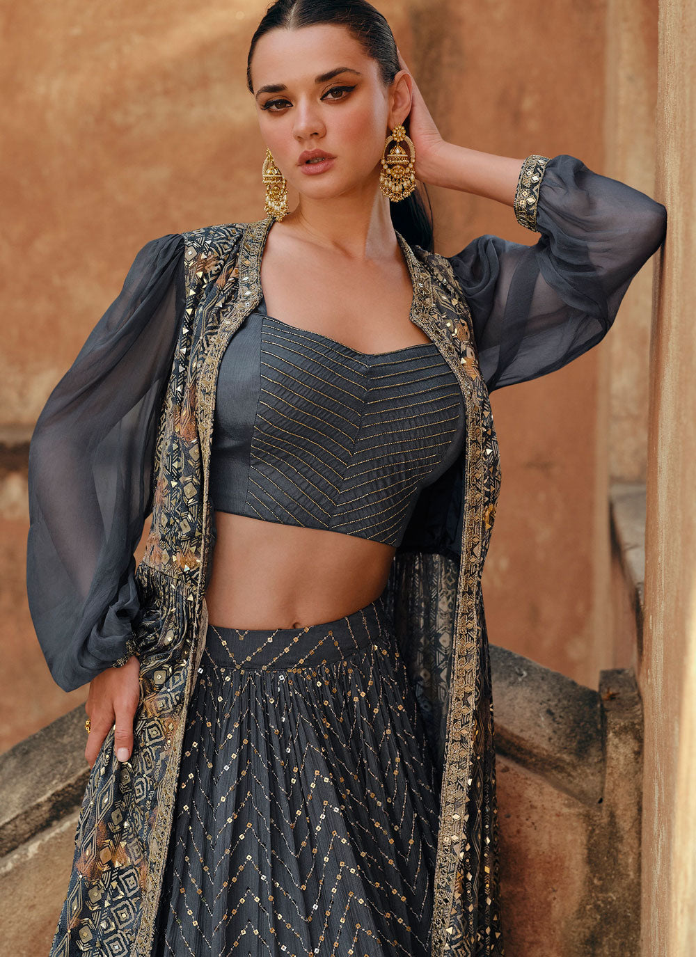Grey Chinon Readymade Lehenga Choli With Embroidered And Sequins Work For Women