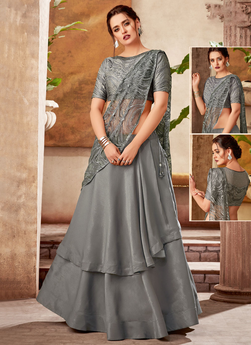 Grey Cord, Embroidered, Sequins And Thread Work Classic Saree For Engagement