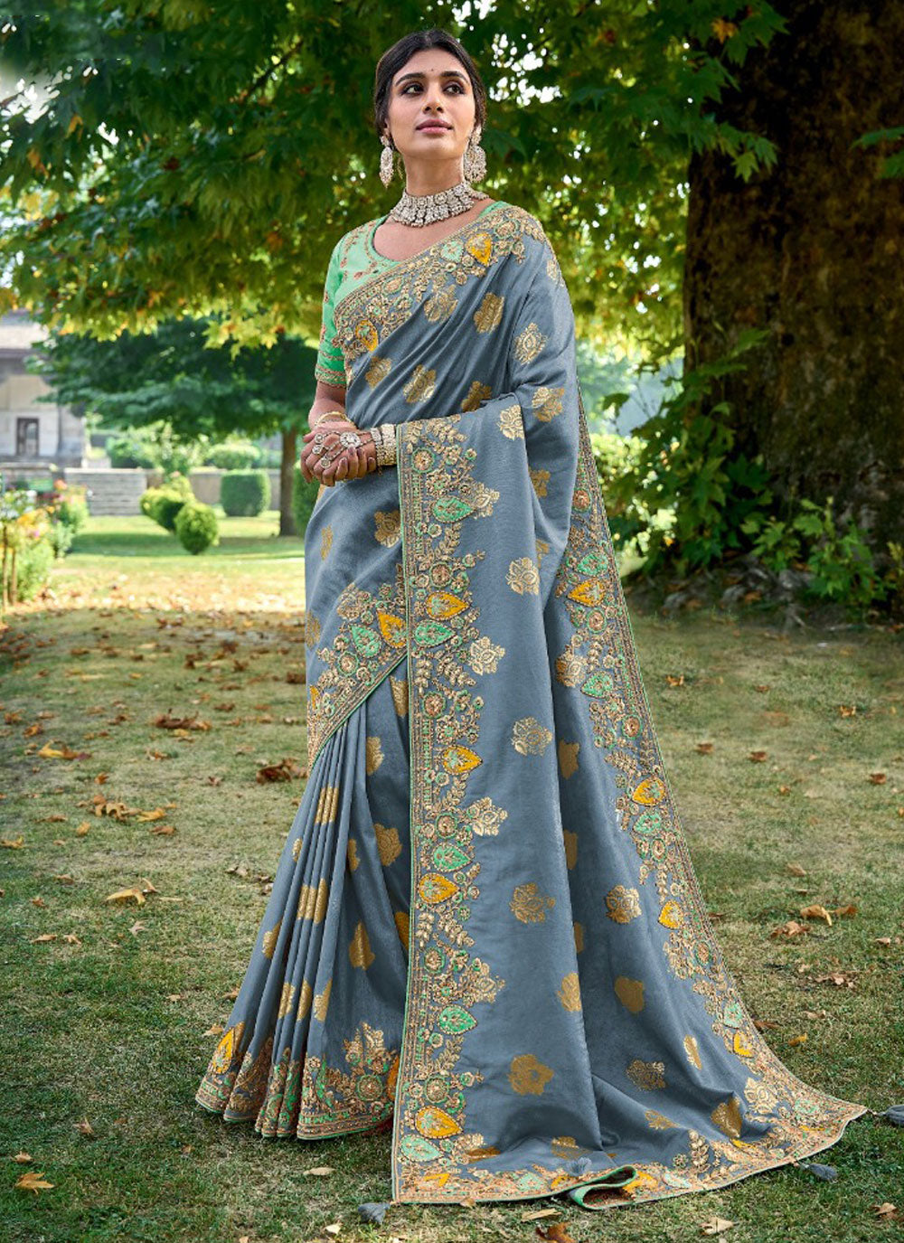 Embroidered, Hand, Sequins And Stone Work Fancy Fabric Trendy Saree In Grey