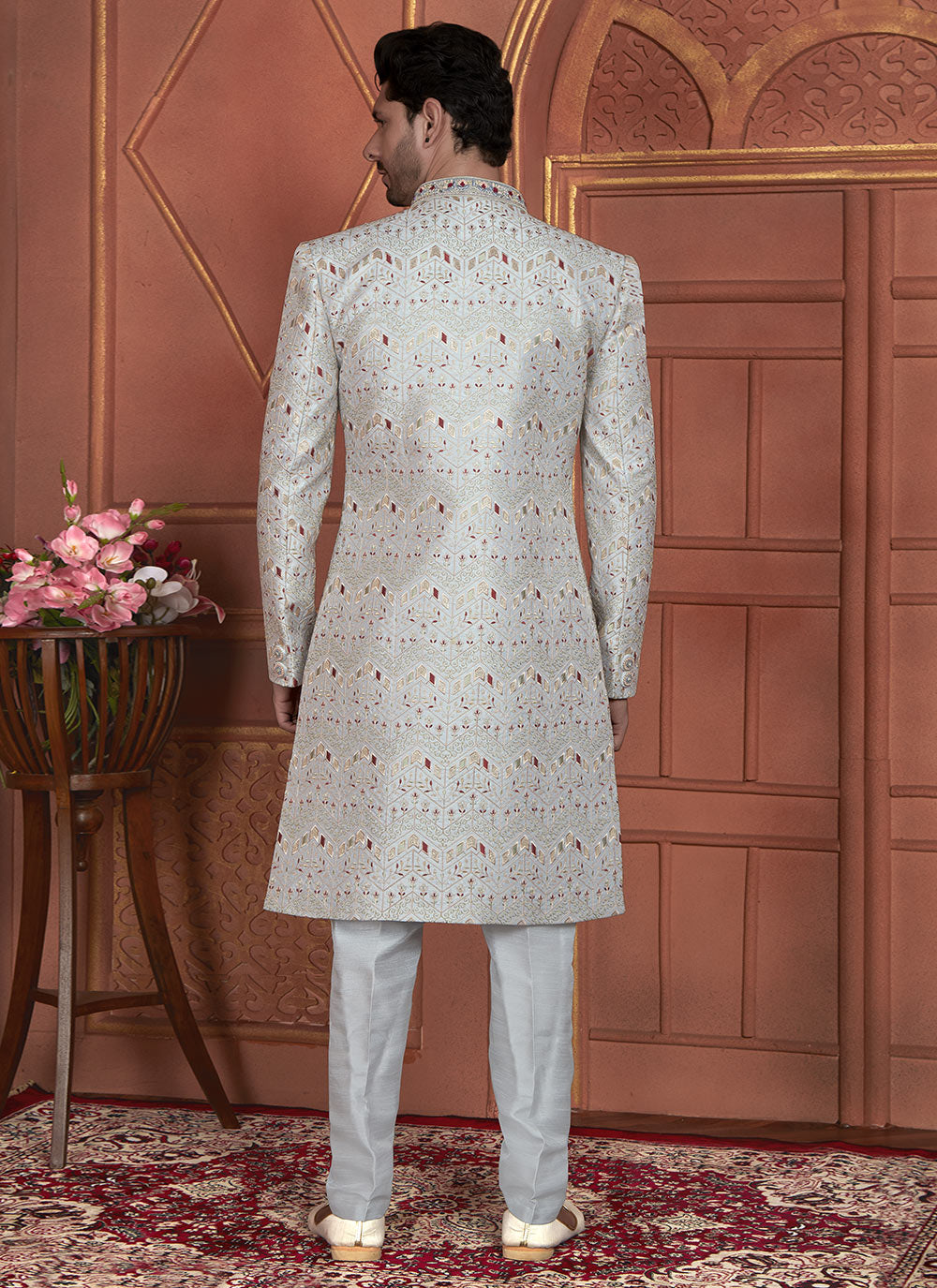 Grey Art Silk Indo Western With Machine Embroidery And Thread Work For Men