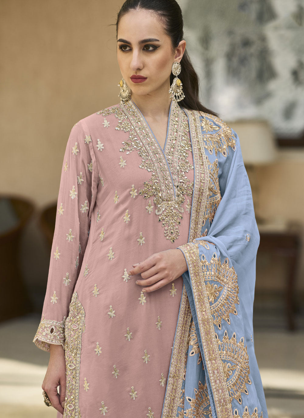 Peach Pure Chiffon Readymade Salwar Suit With Embroidered And Sequins Work For Ceremonial