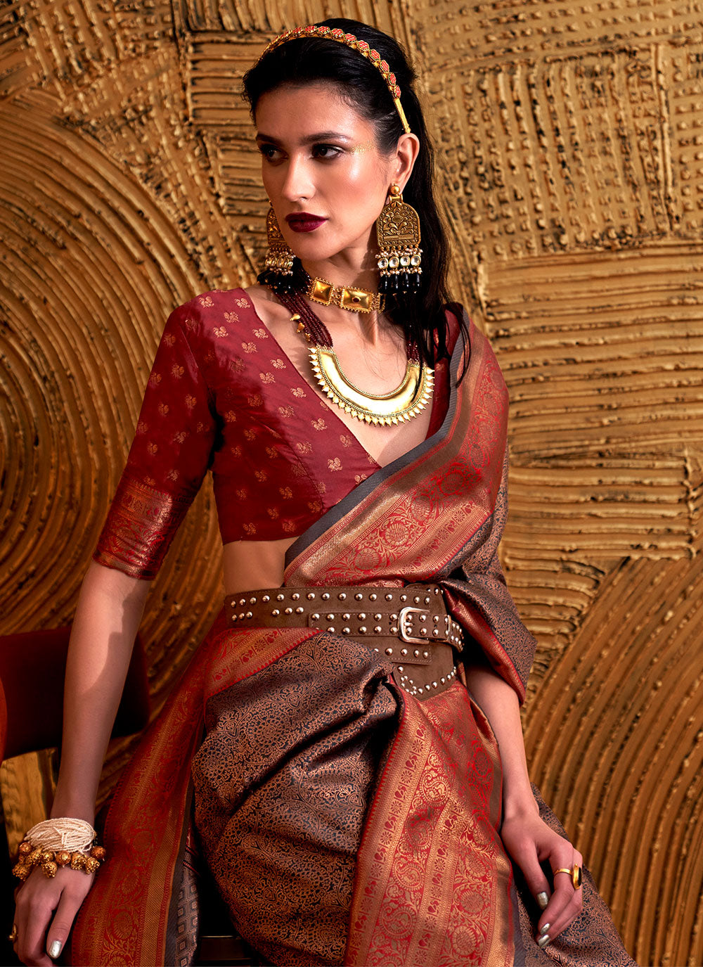 Brown Classic Sari With Weaving Work