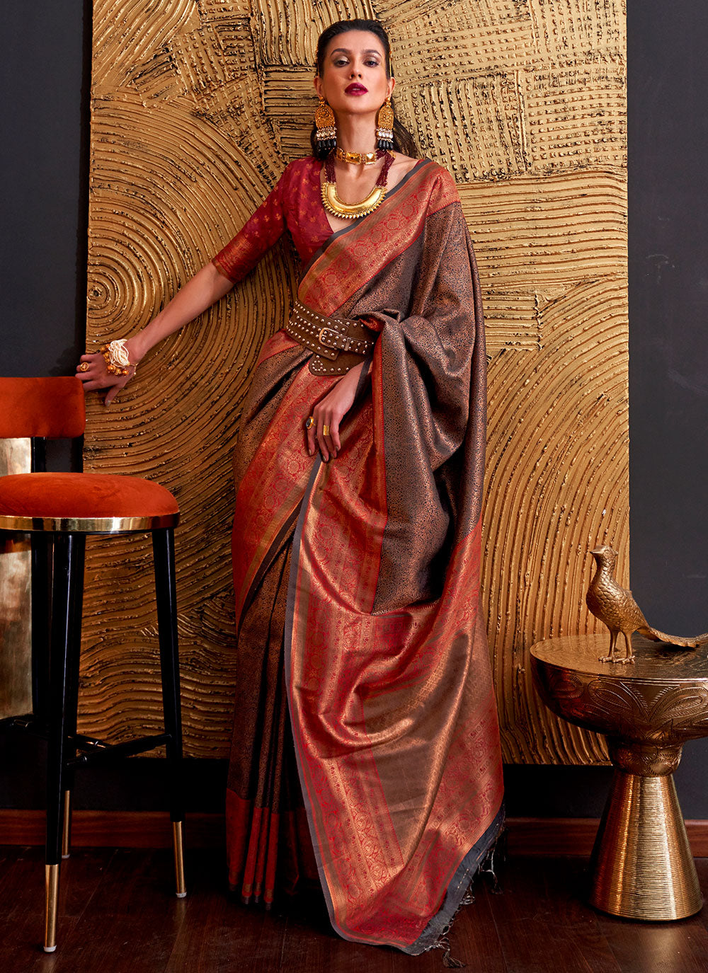Brown Classic Sari With Weaving Work