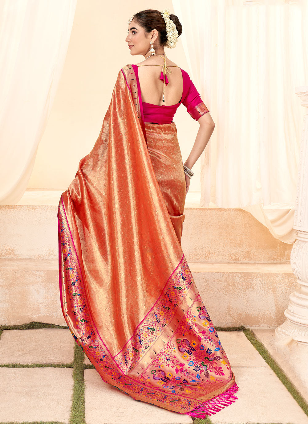 Peach Handloom Silk Classic Saree With Jacquard Work For Women