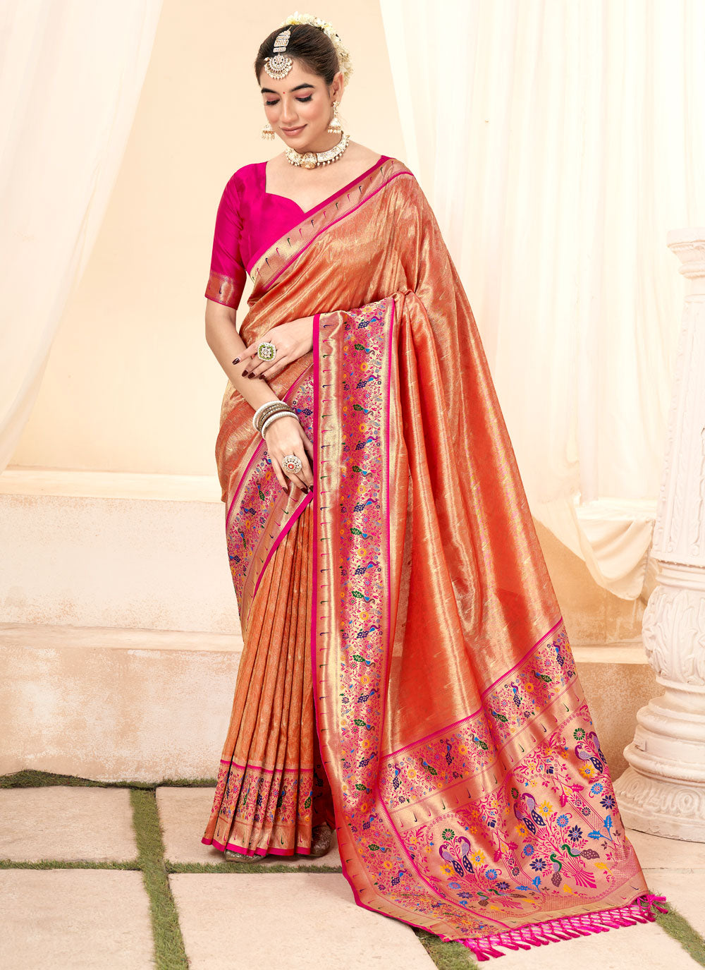 Peach Handloom Silk Classic Saree With Jacquard Work For Women