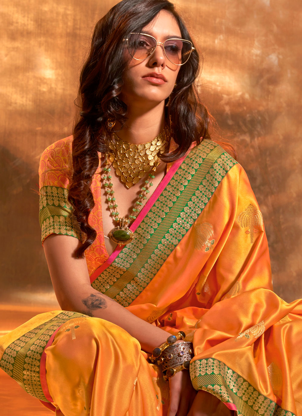 Mustard Handloom Silk Weaving Work Classic Sari For Ceremonial