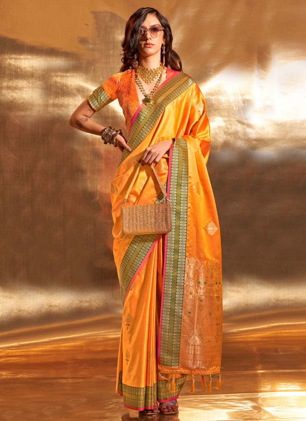Mustard Handloom Silk Weaving Work Classic Sari For Ceremonial