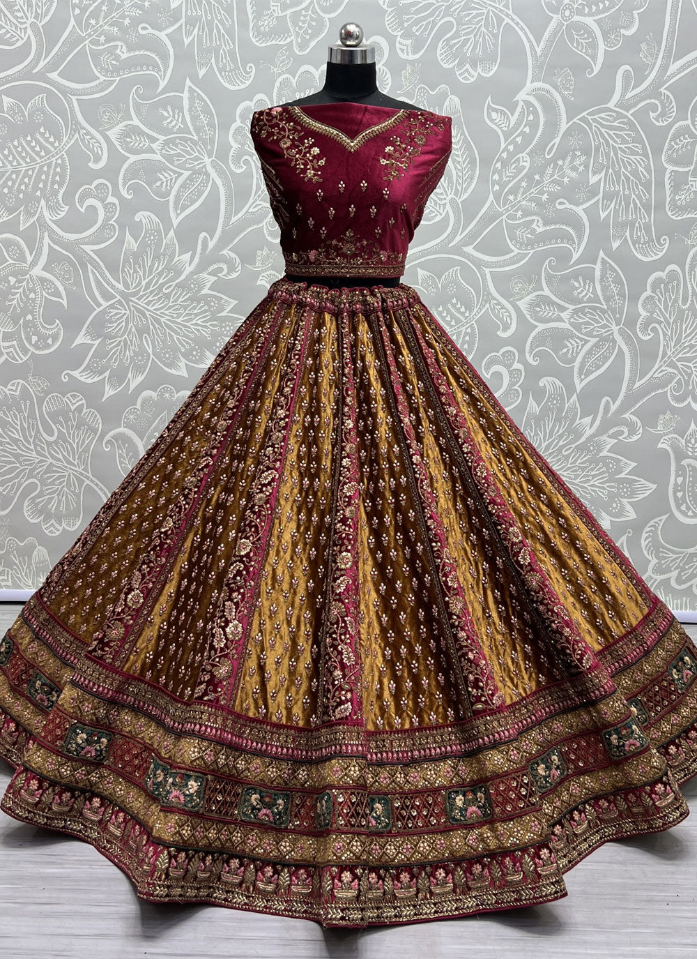 Mustard Velvet Embroidered, Sequins And Thread Work Lehenga Choli For Women