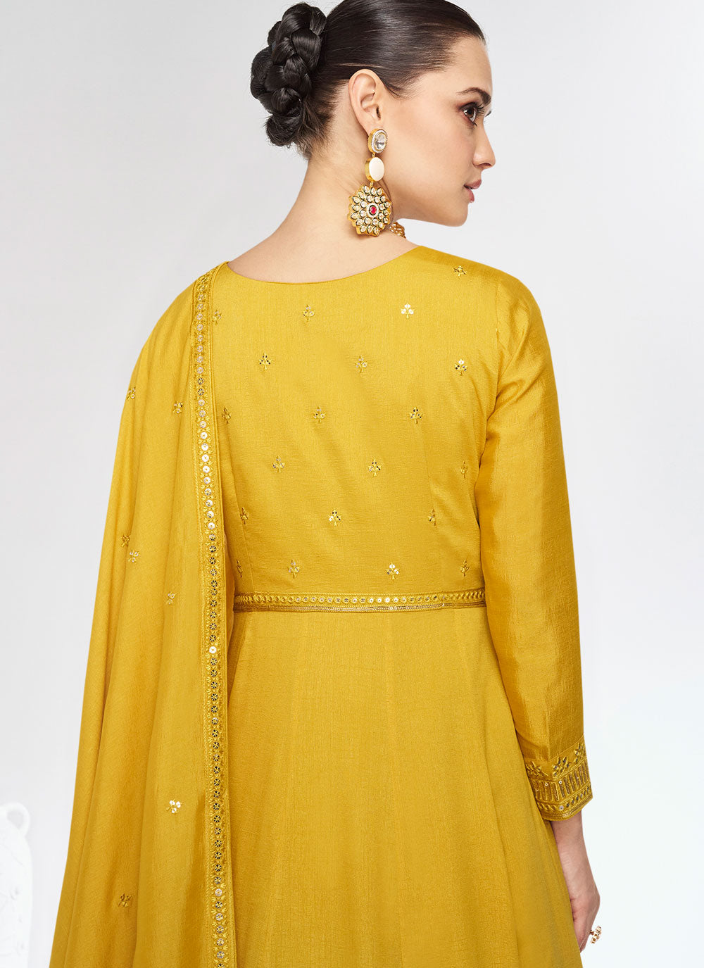 Mustard Silk Embroidered And Sequins Work Designer Gown