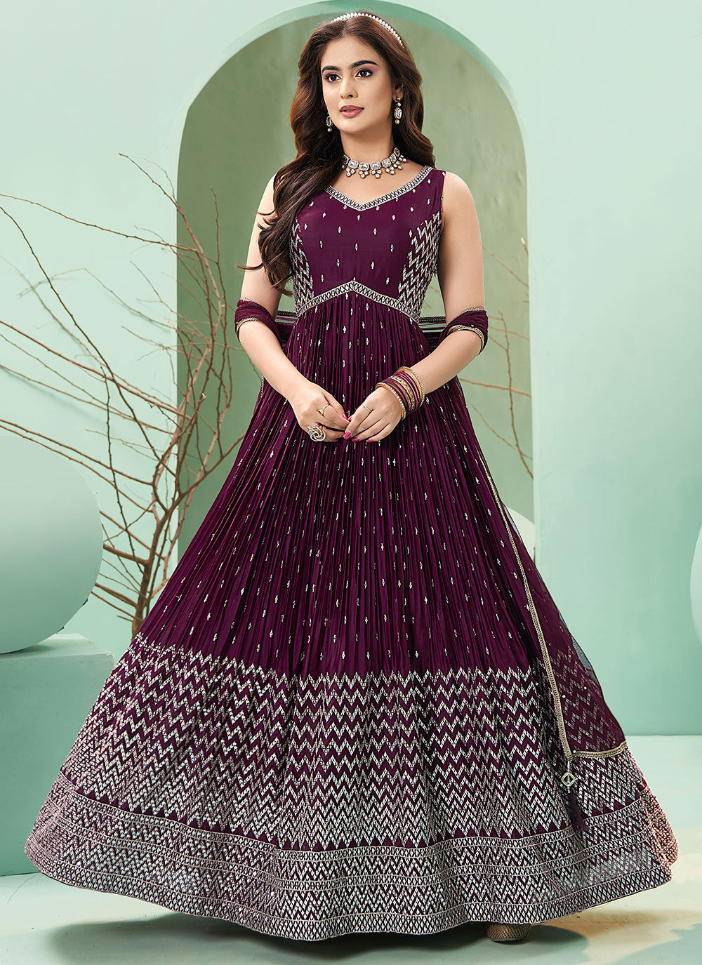 Wine Silk Embroidered And Sequins Work Designer Gown For Engagement