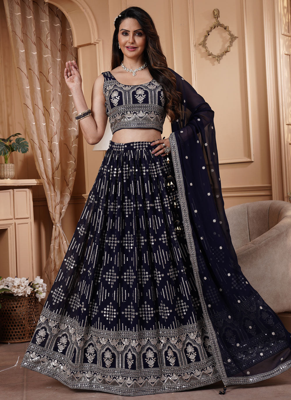 Blue Georgette Readymade Lehenga Choli With Embroidered And Sequins Work For Women