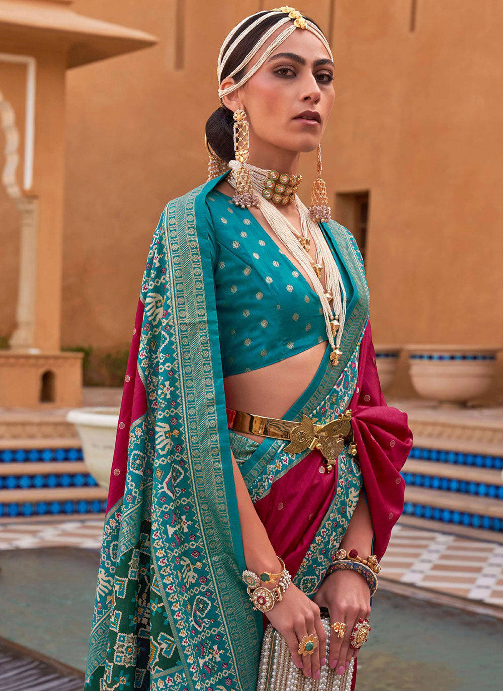 Contemporary Style Saree In Rani