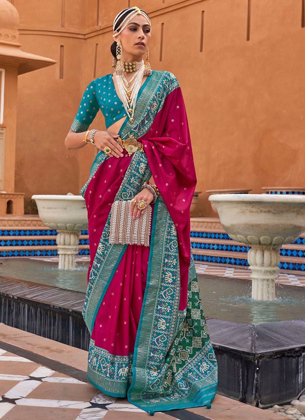 Contemporary Style Saree In Rani