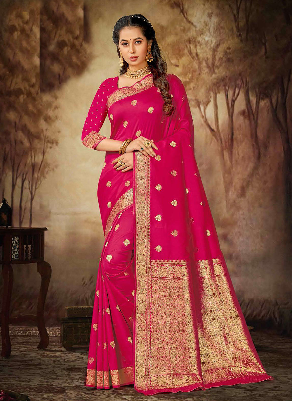 Silk Contemporary Saree In Hot Pink