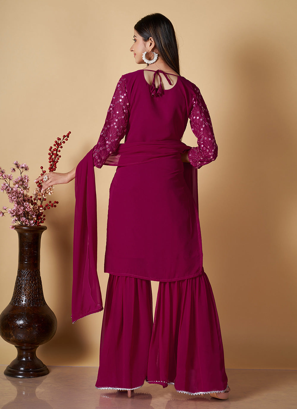 Hot Pink Georgette Sequins Salwar Suit