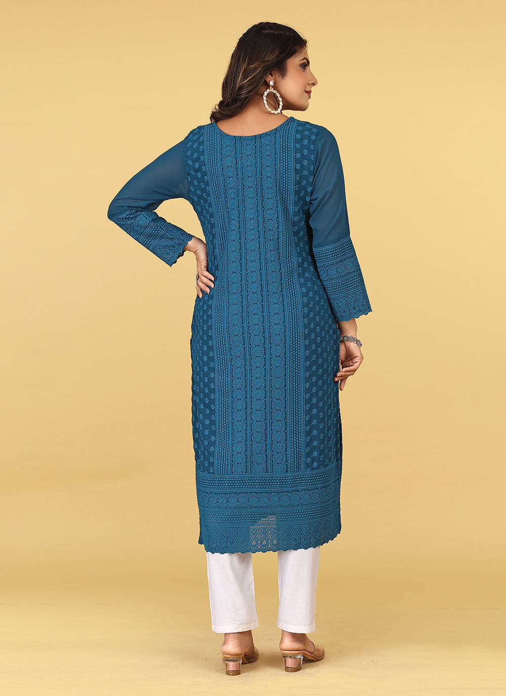 Georgette Embroidered Teal Casual Kurti