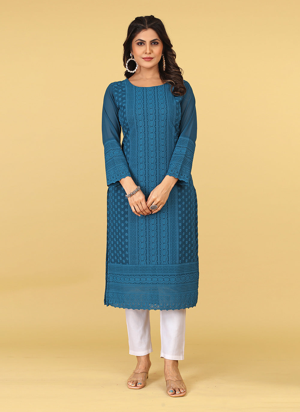 Georgette Embroidered Teal Casual Kurti