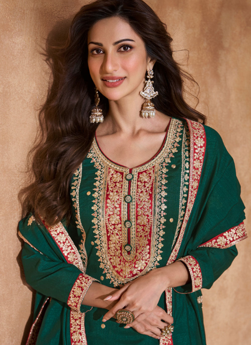 Green Silk Embroidered Work Salwar Suit For Ceremonial