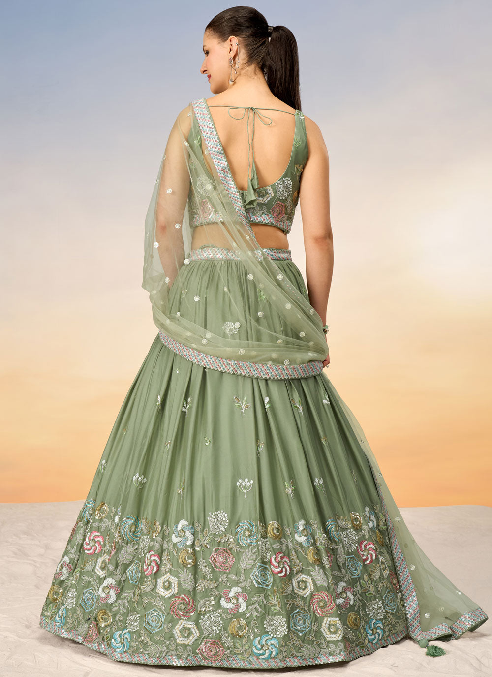 Green Georgette Lehenga Choli With Embroidered And Sequins Work