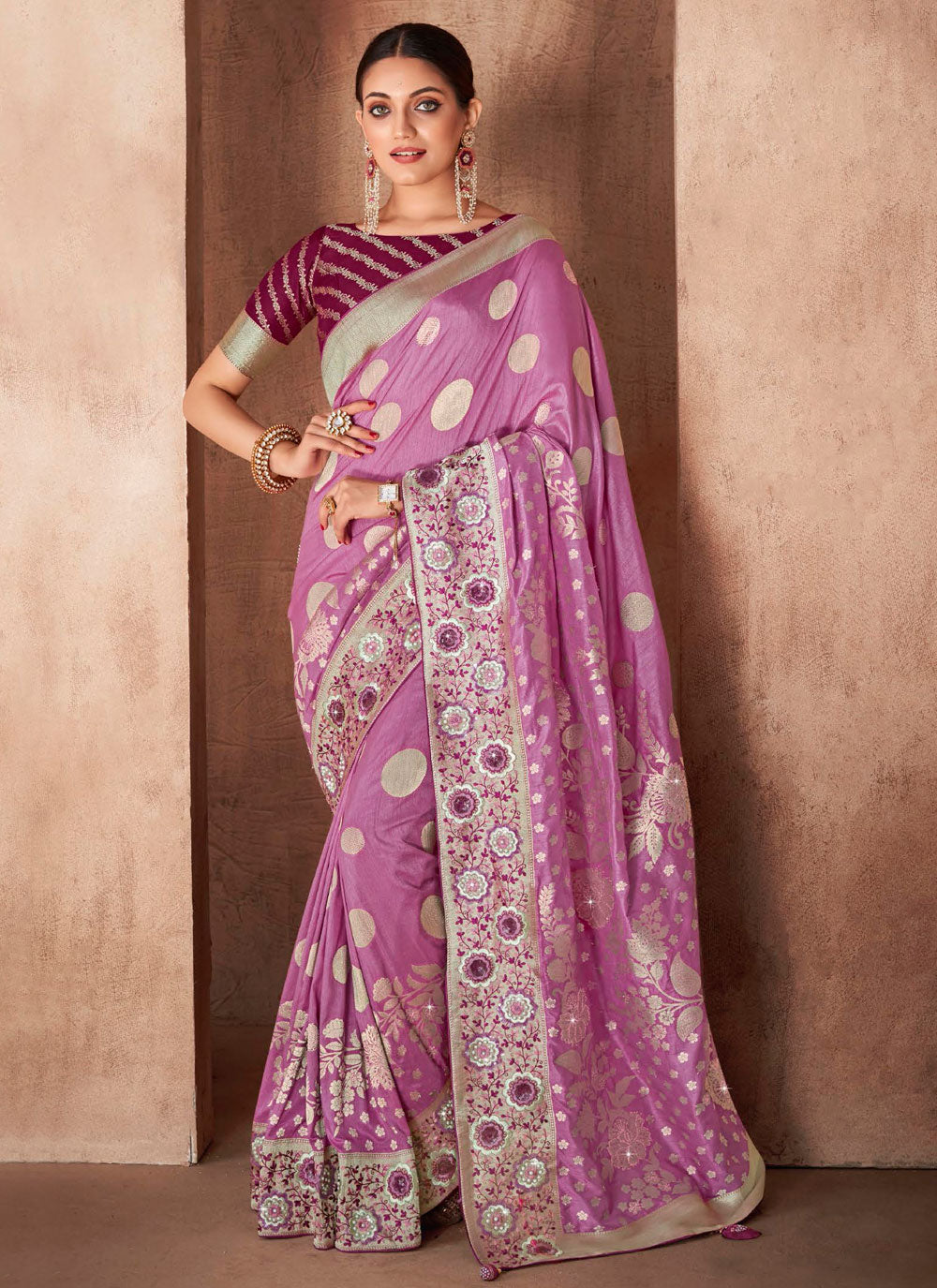 Lavender Silk Sari With Embroidered Work For Ceremonial