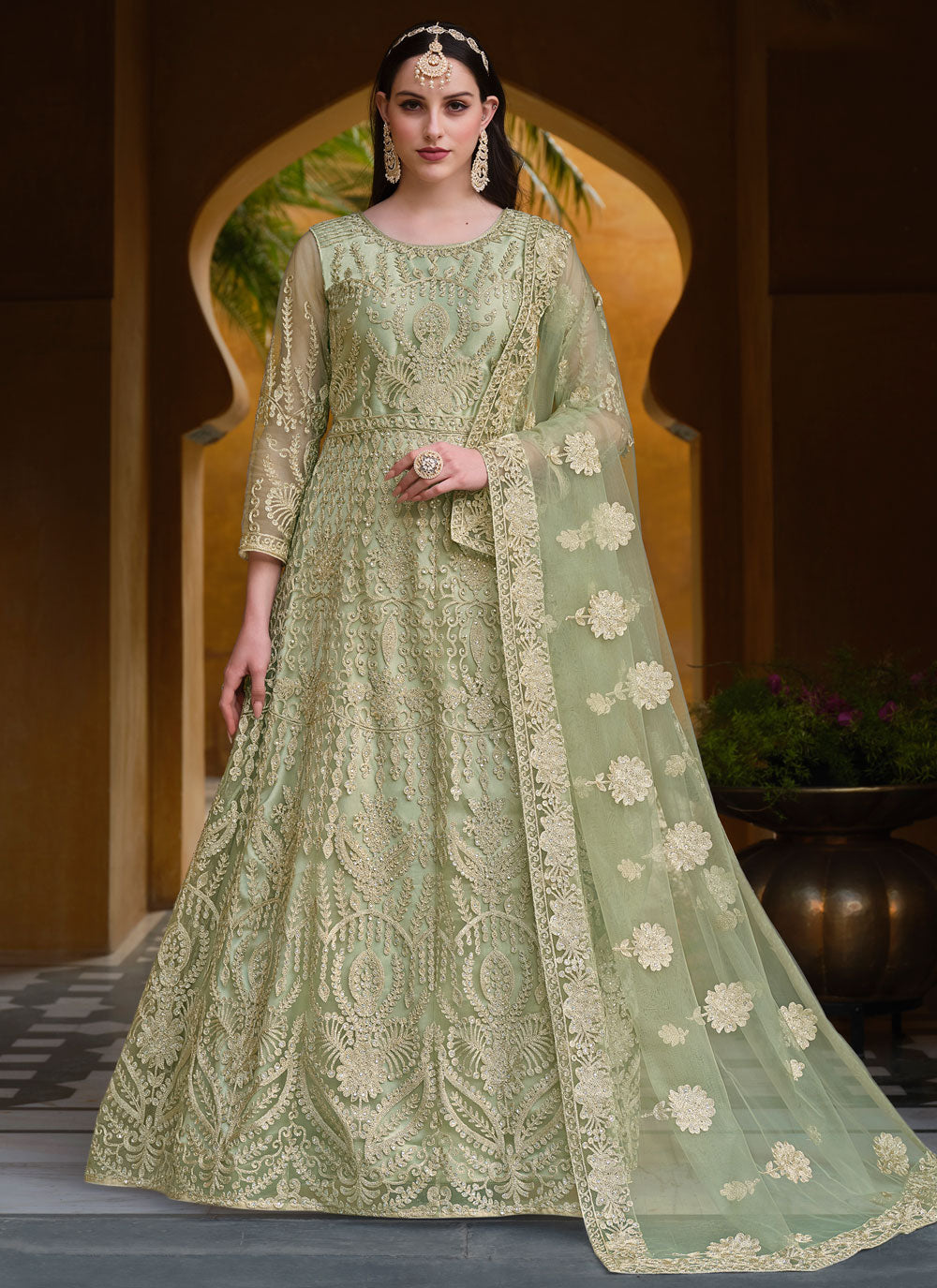 Green Net Fabric Embroidered Salwar Suit