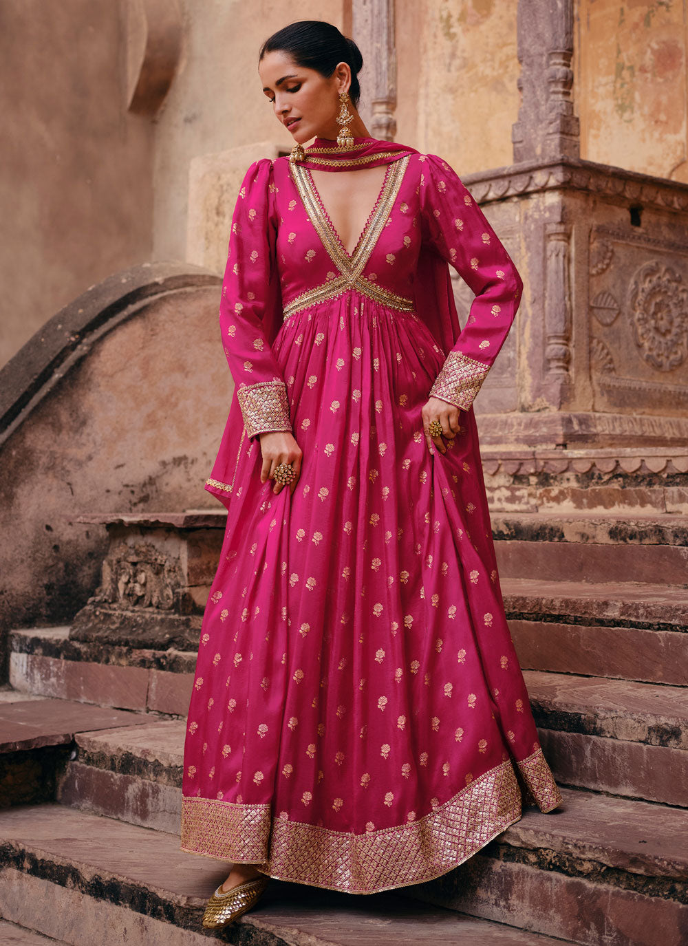 Pink Jacquard Silk Embroidered Gown For Ceremonial