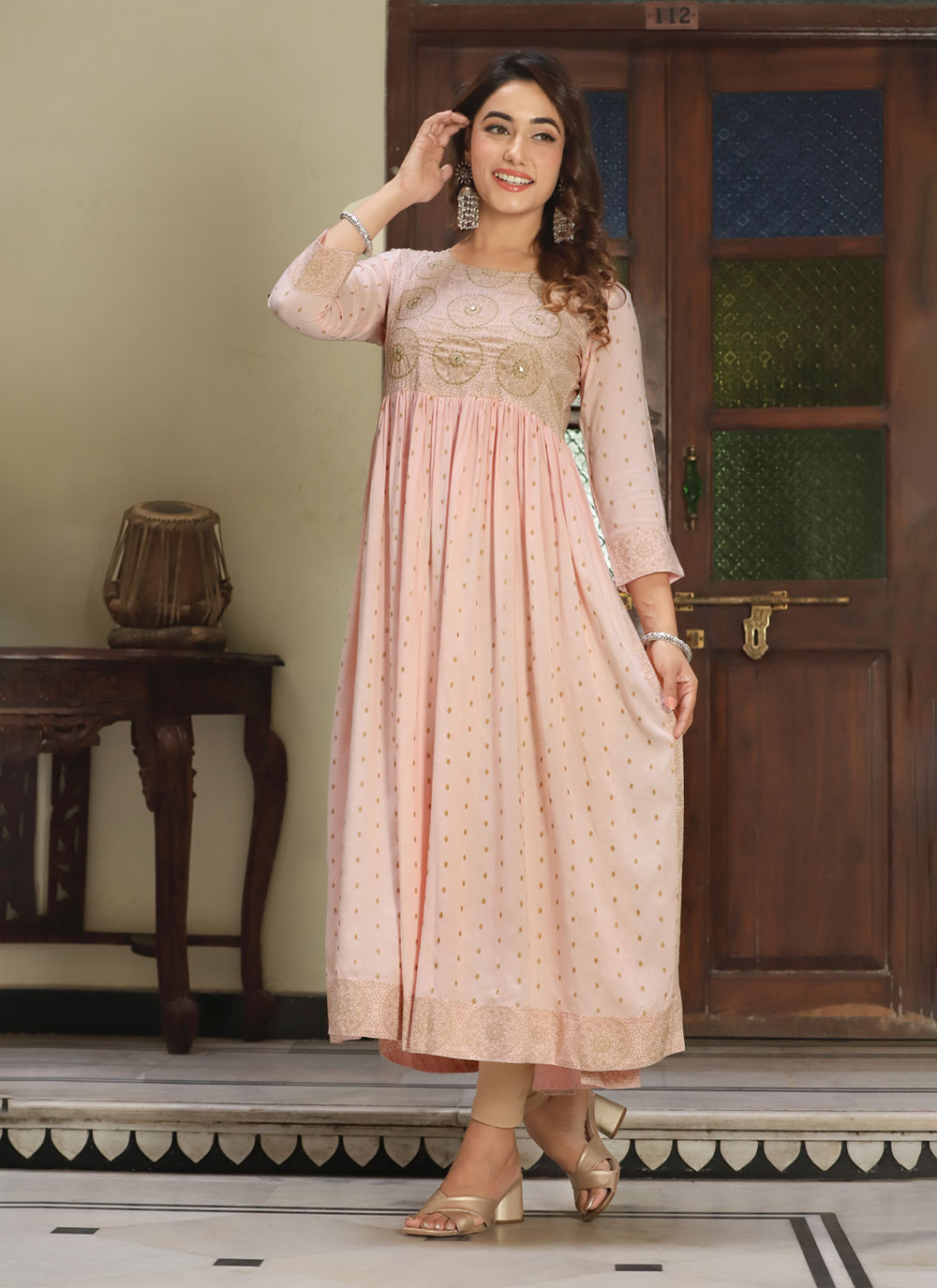 Peach Embroidered And Print Work Viscose Party Wear Kurti