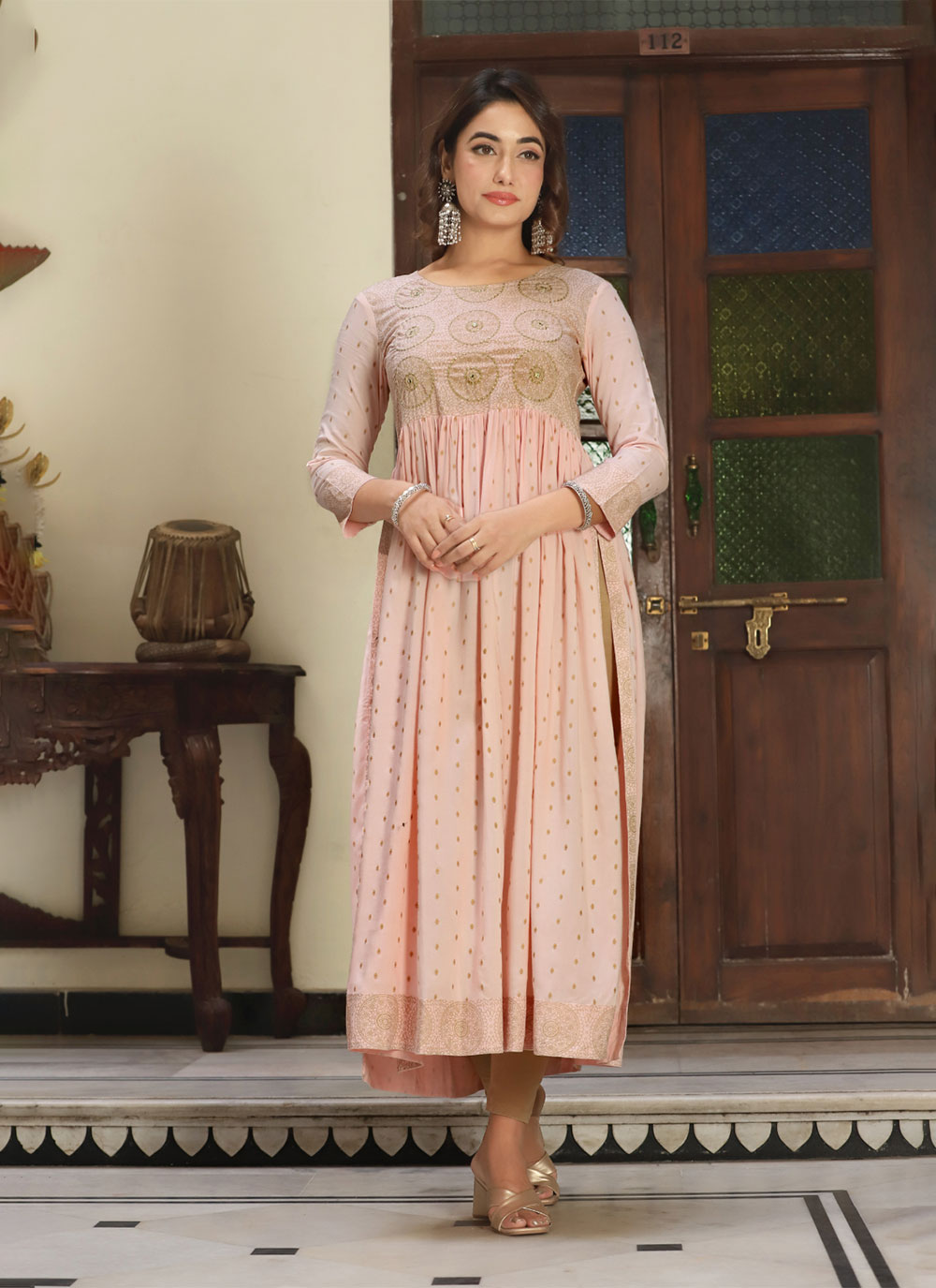 Peach Embroidered And Print Work Viscose Party Wear Kurti