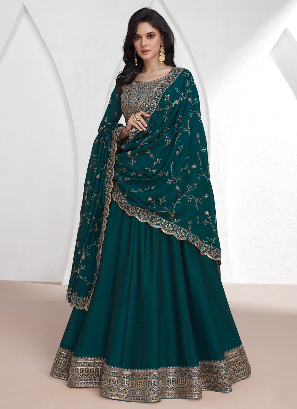 Green Silk Designer Gown With Embroidered And Sequins Work For Women