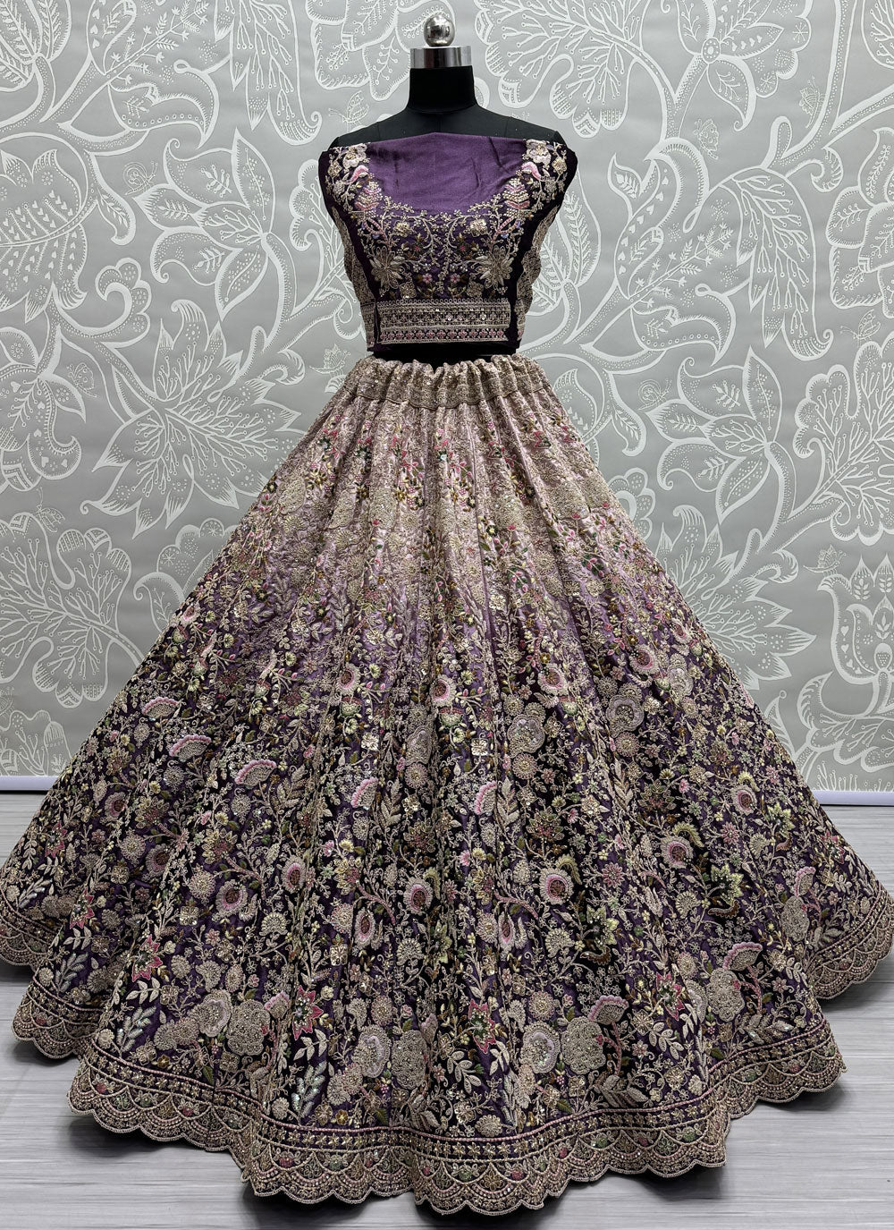 Diamond, Dori, Embroidered, Sequins, Thread And Zari Work Velvet A - Line Lehenga Choli For Bridal