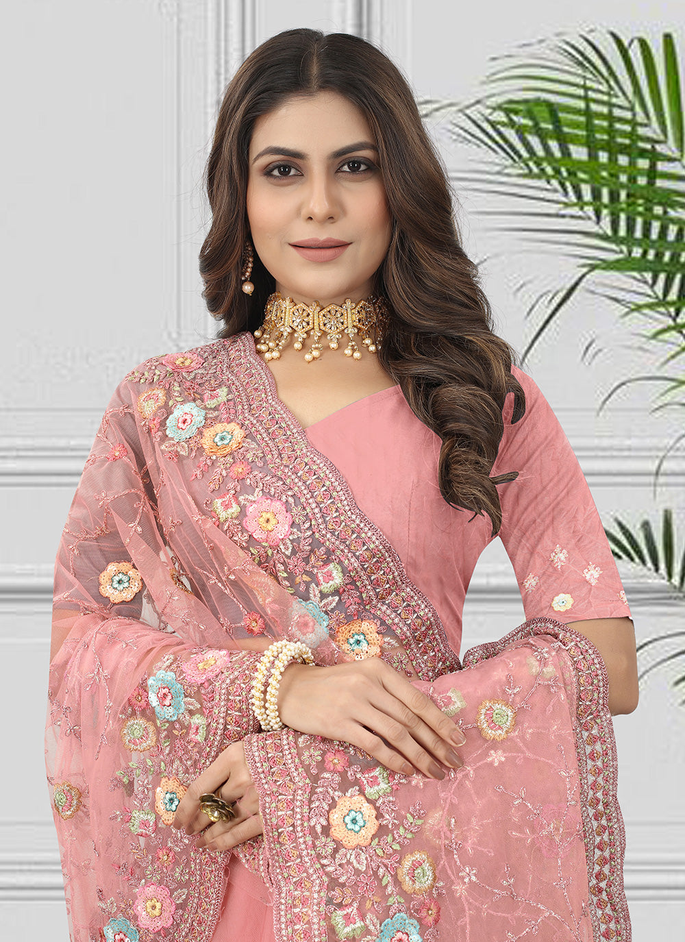 Net Pink Embroidered Saree
