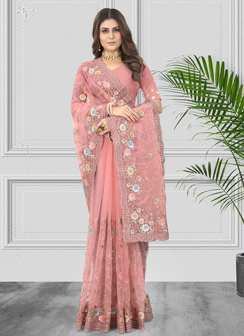 Net Pink Embroidered Saree