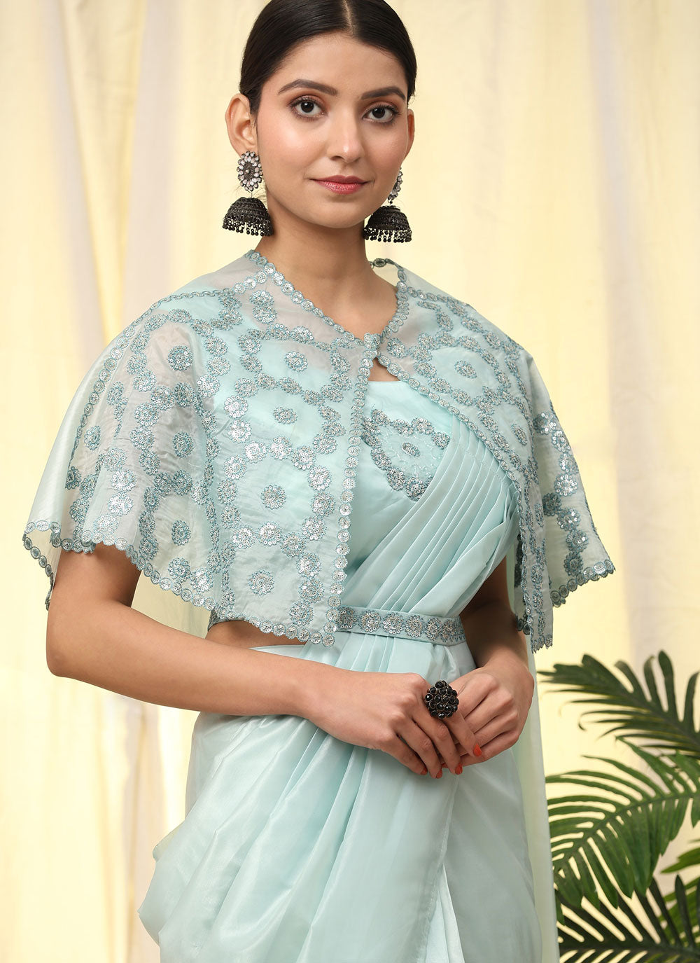 Aqua Blue Imported Contemporary Sari With Embroidered And Sequins Work