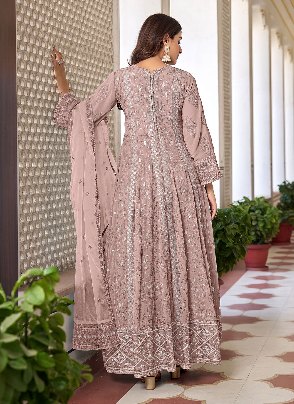 Peach Embroidered Work Anarkali Suit For Women