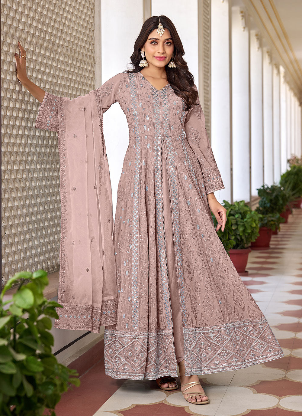 Peach Embroidered Work Anarkali Suit For Women