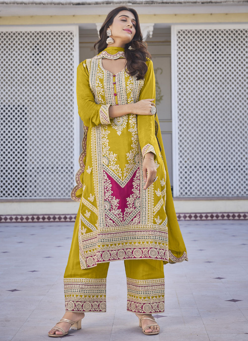 Chinon Salwar Suit With Embroidered And Sequins Work